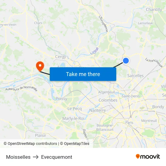 Moisselles to Evecquemont map