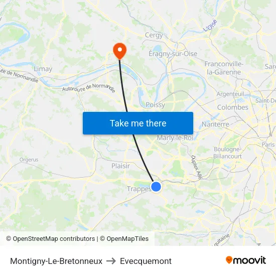 Montigny-Le-Bretonneux to Evecquemont map