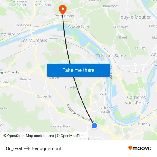 Orgeval to Evecquemont map