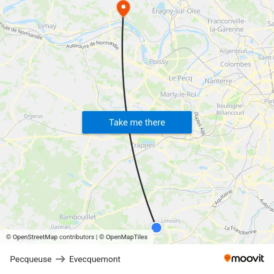 Pecqueuse to Evecquemont map