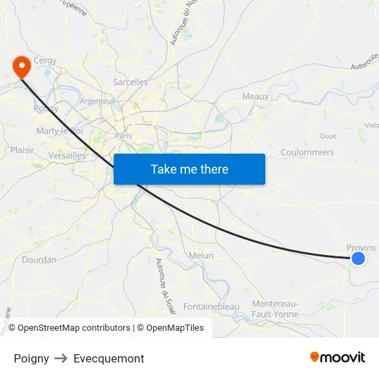 Poigny to Evecquemont map