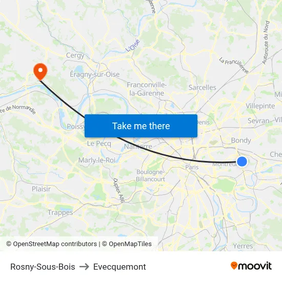 Rosny-Sous-Bois to Evecquemont map