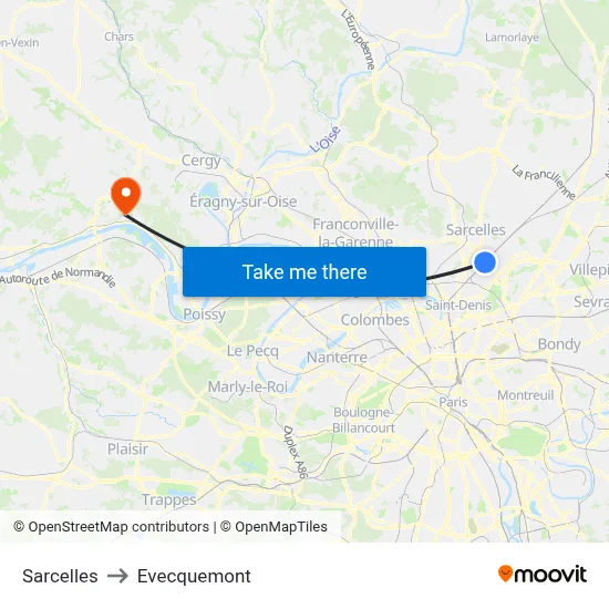 Sarcelles to Evecquemont map