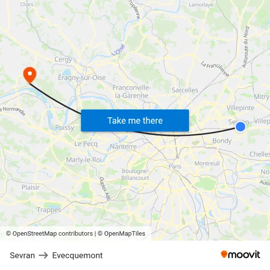 Sevran to Evecquemont map