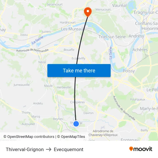 Thiverval-Grignon to Evecquemont map