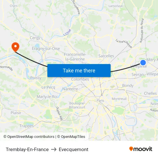 Tremblay-En-France to Evecquemont map