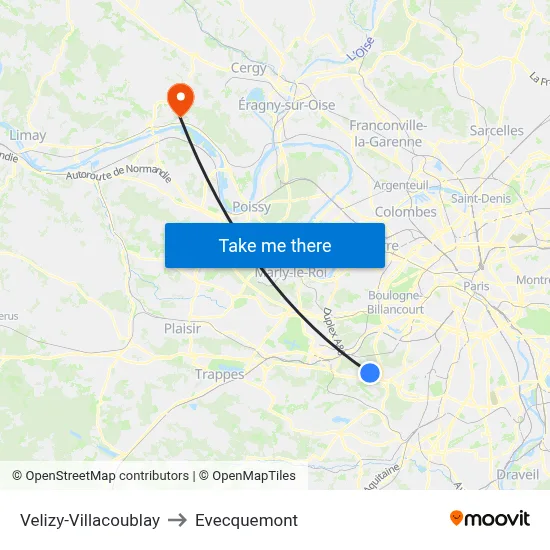Velizy-Villacoublay to Evecquemont map
