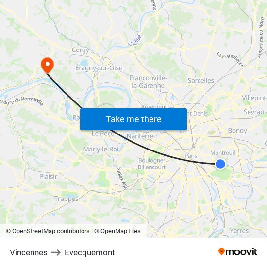 Vincennes to Evecquemont map