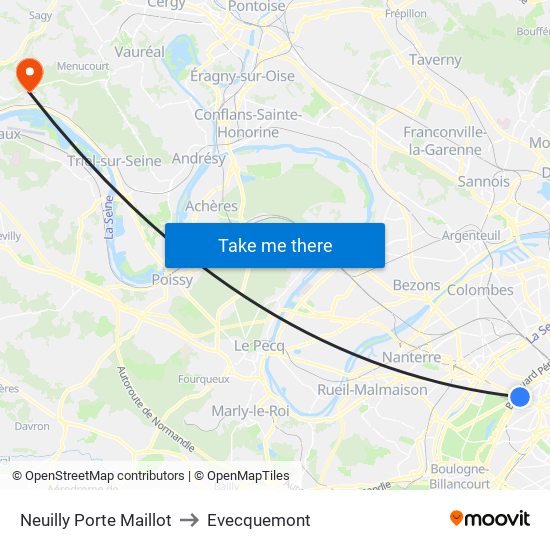 Neuilly Porte Maillot to Evecquemont map