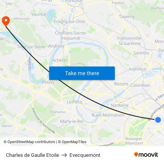 Charles de Gaulle Etoile to Evecquemont map