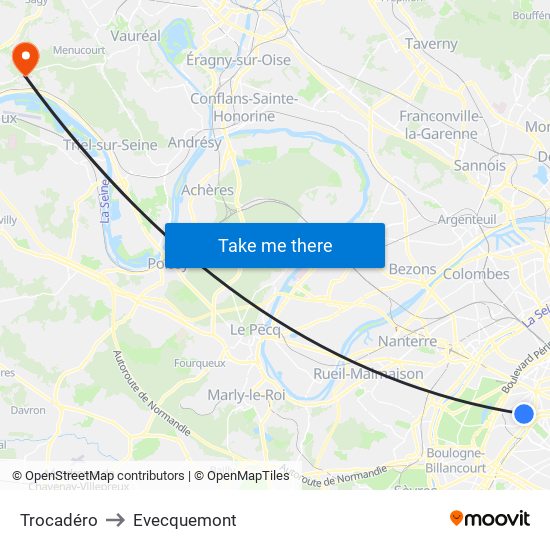 Trocadéro to Evecquemont map