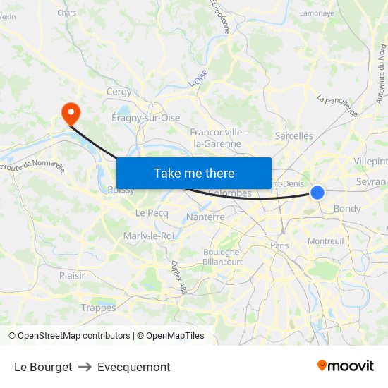 Le Bourget to Evecquemont map