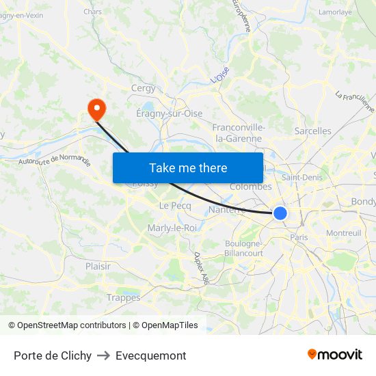 Porte de Clichy to Evecquemont map