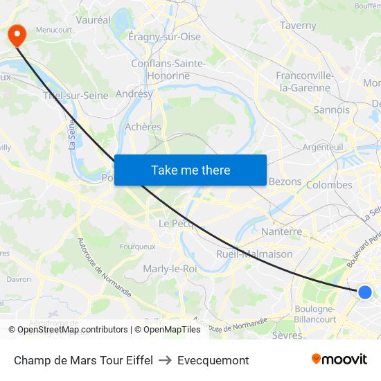 Champ de Mars Tour Eiffel to Evecquemont map