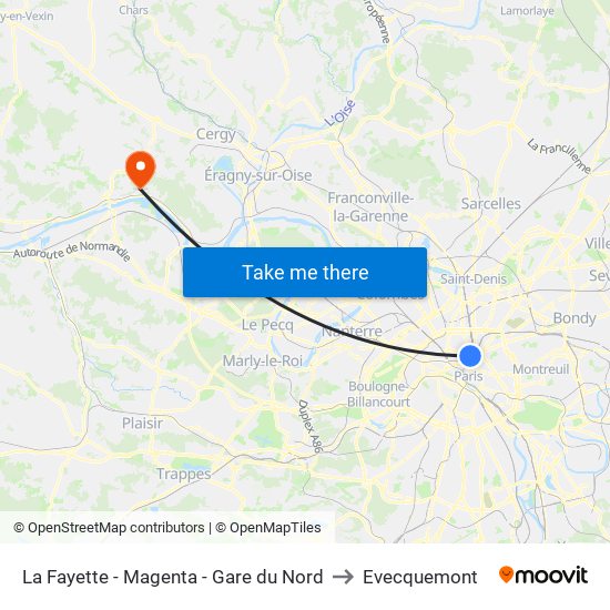 La Fayette - Magenta - Gare du Nord to Evecquemont map