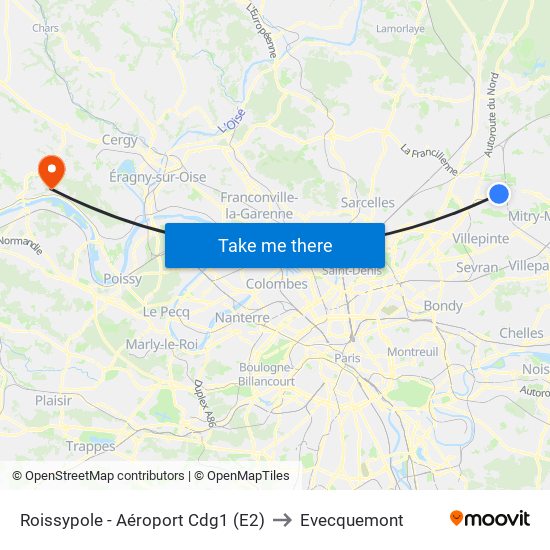Roissypole - Aéroport Cdg1 (E2) to Evecquemont map