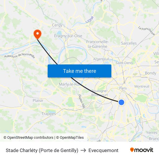 Stade Charléty (Porte de Gentilly) to Evecquemont map