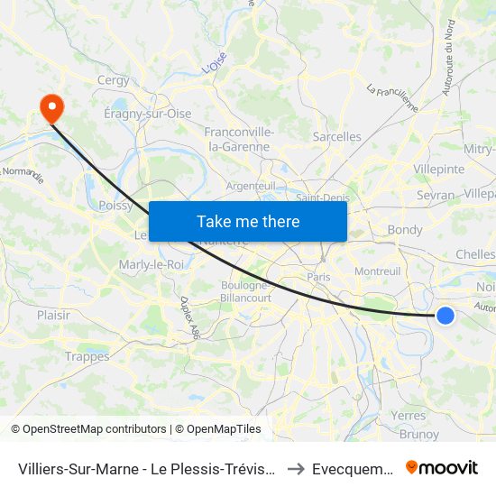 Villiers-Sur-Marne - Le Plessis-Trévise RER to Evecquemont map