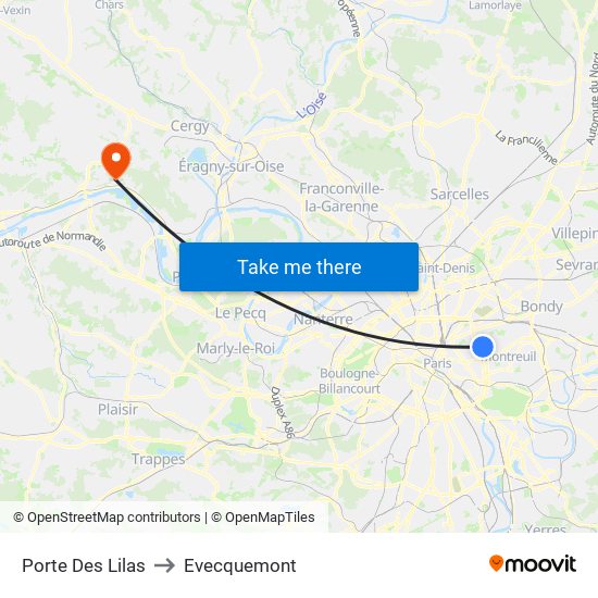 Porte Des Lilas to Evecquemont map