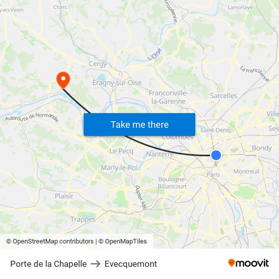 Porte de la Chapelle to Evecquemont map