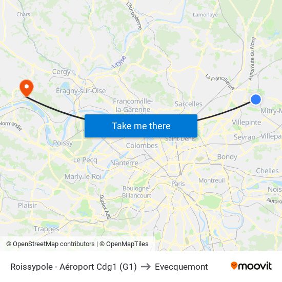 Roissypole - Aéroport Cdg1 (G1) to Evecquemont map