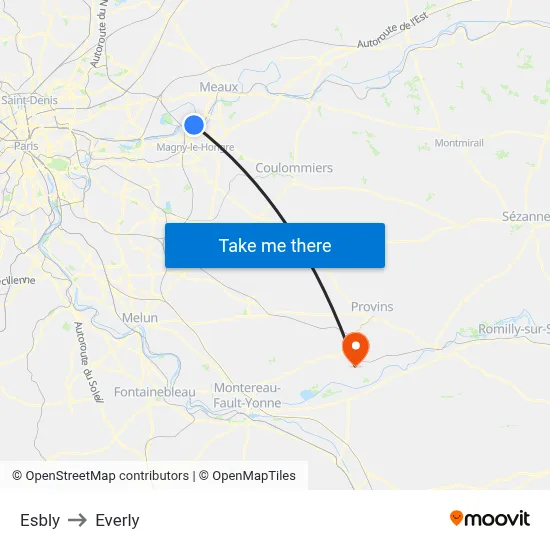 Esbly to Everly map