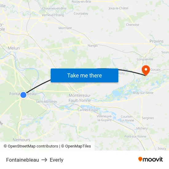 Fontainebleau to Everly map