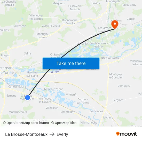 La Brosse-Montceaux to Everly map
