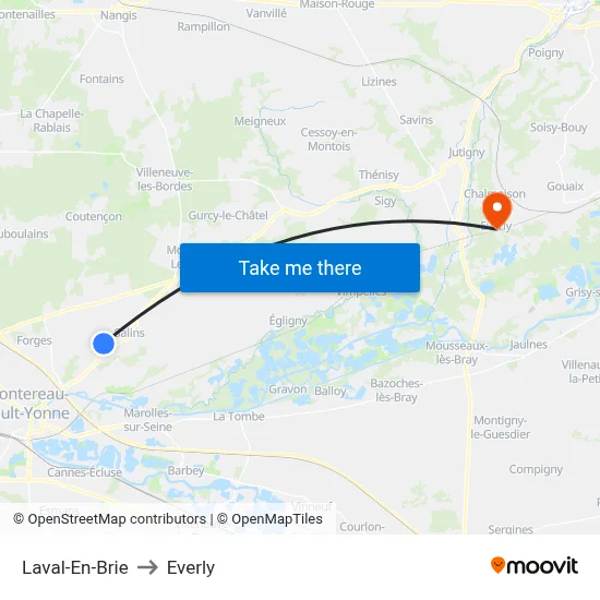 Laval-En-Brie to Everly map