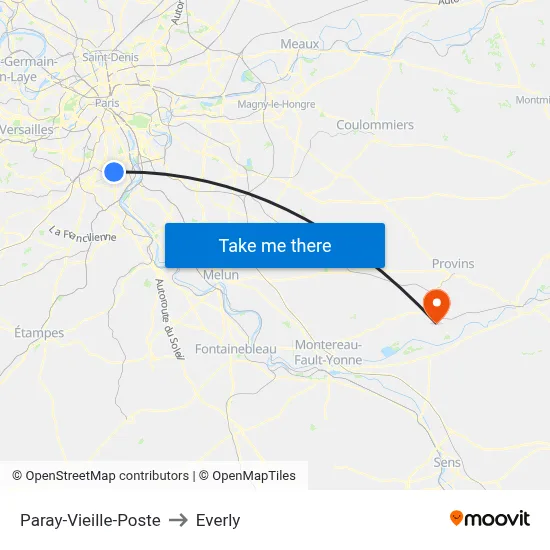 Paray-Vieille-Poste to Everly map
