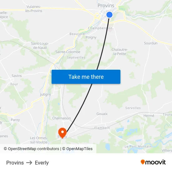Provins to Everly map