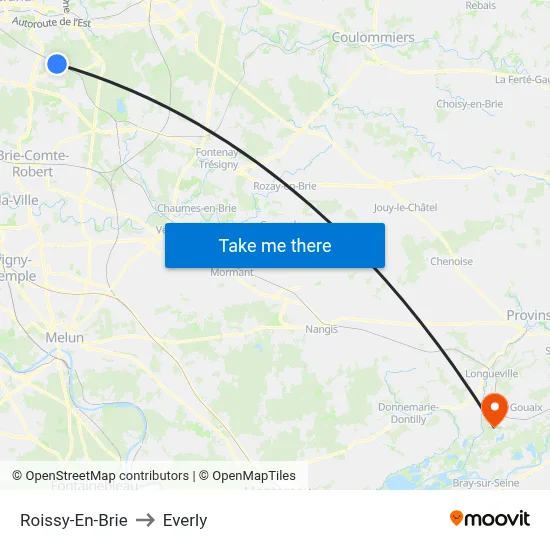 Roissy-En-Brie to Everly map