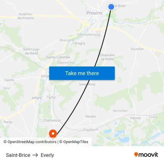 Saint-Brice to Everly map