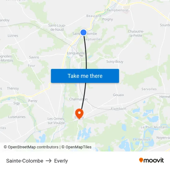 Sainte-Colombe to Everly map