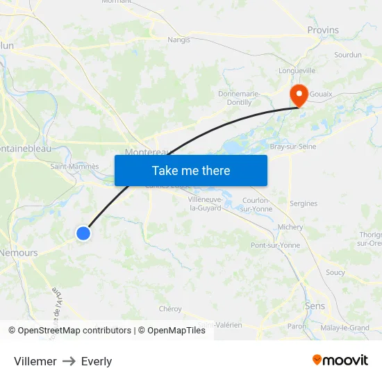 Villemer to Everly map