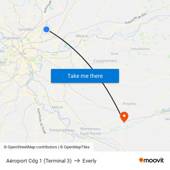 Aéroport Cdg 1 (Terminal 3) to Everly map