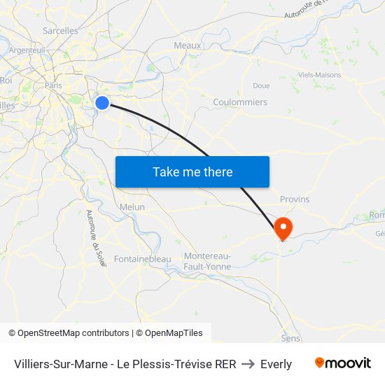 Villiers-Sur-Marne - Le Plessis-Trévise RER to Everly map