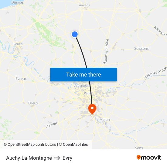 Auchy-La-Montagne to Evry map