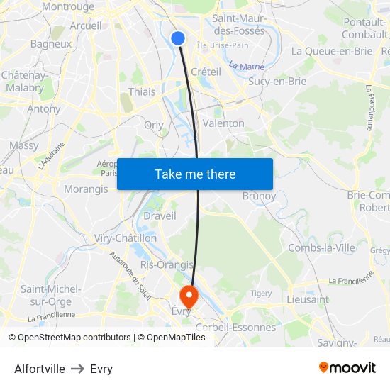 Alfortville to Evry map