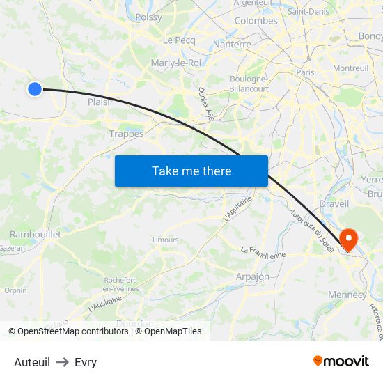 Auteuil to Evry map