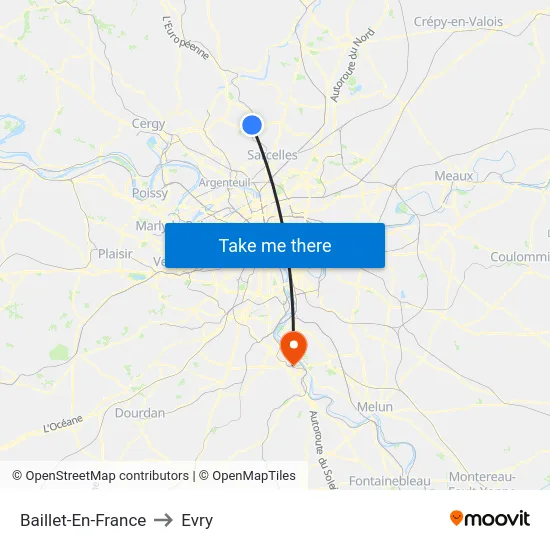 Baillet-En-France to Evry map