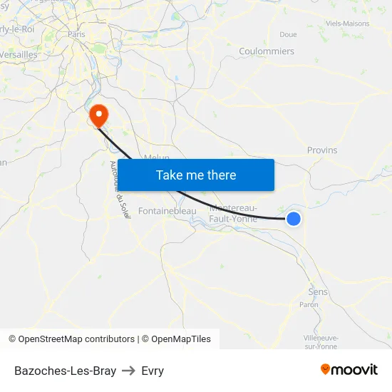 Bazoches-Les-Bray to Evry map