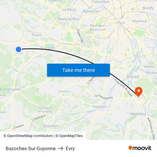 Bazoches-Sur-Guyonne to Evry map