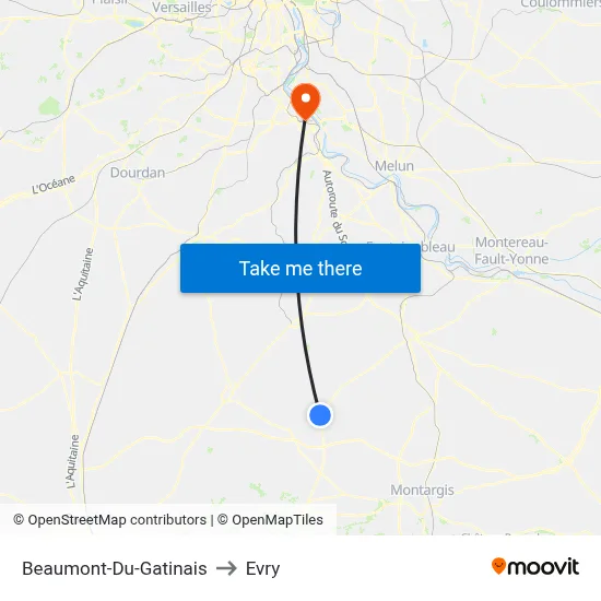 Beaumont-Du-Gatinais to Evry map