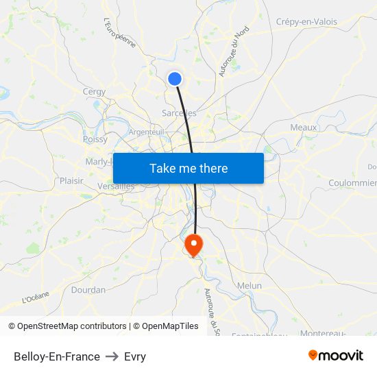 Belloy-En-France to Evry map