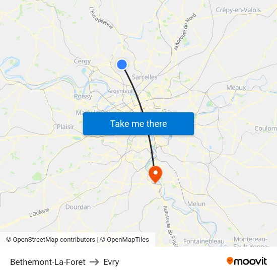 Bethemont-La-Foret to Evry map