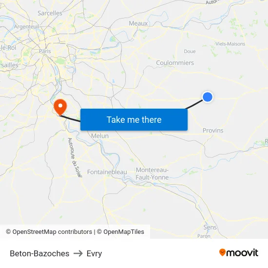 Beton-Bazoches to Evry map
