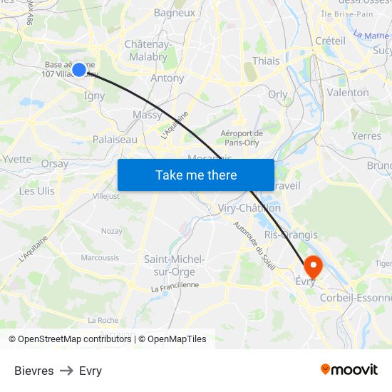 Bievres to Evry map