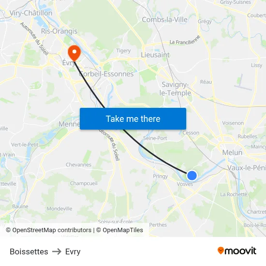 Boissettes to Evry map