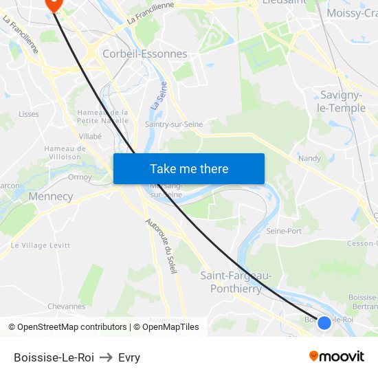 Boissise-Le-Roi to Evry map